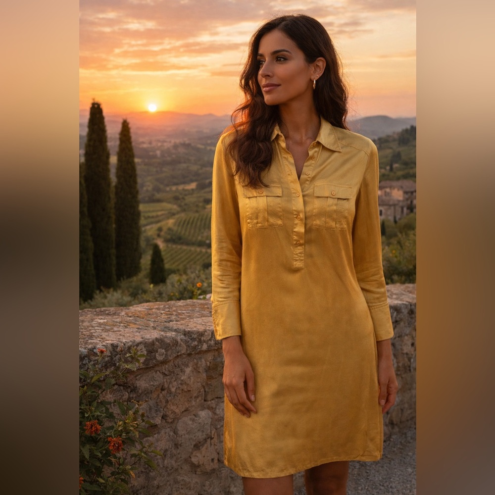 Vintage Le Chateau Golden Hour Silk Shirt Dress S